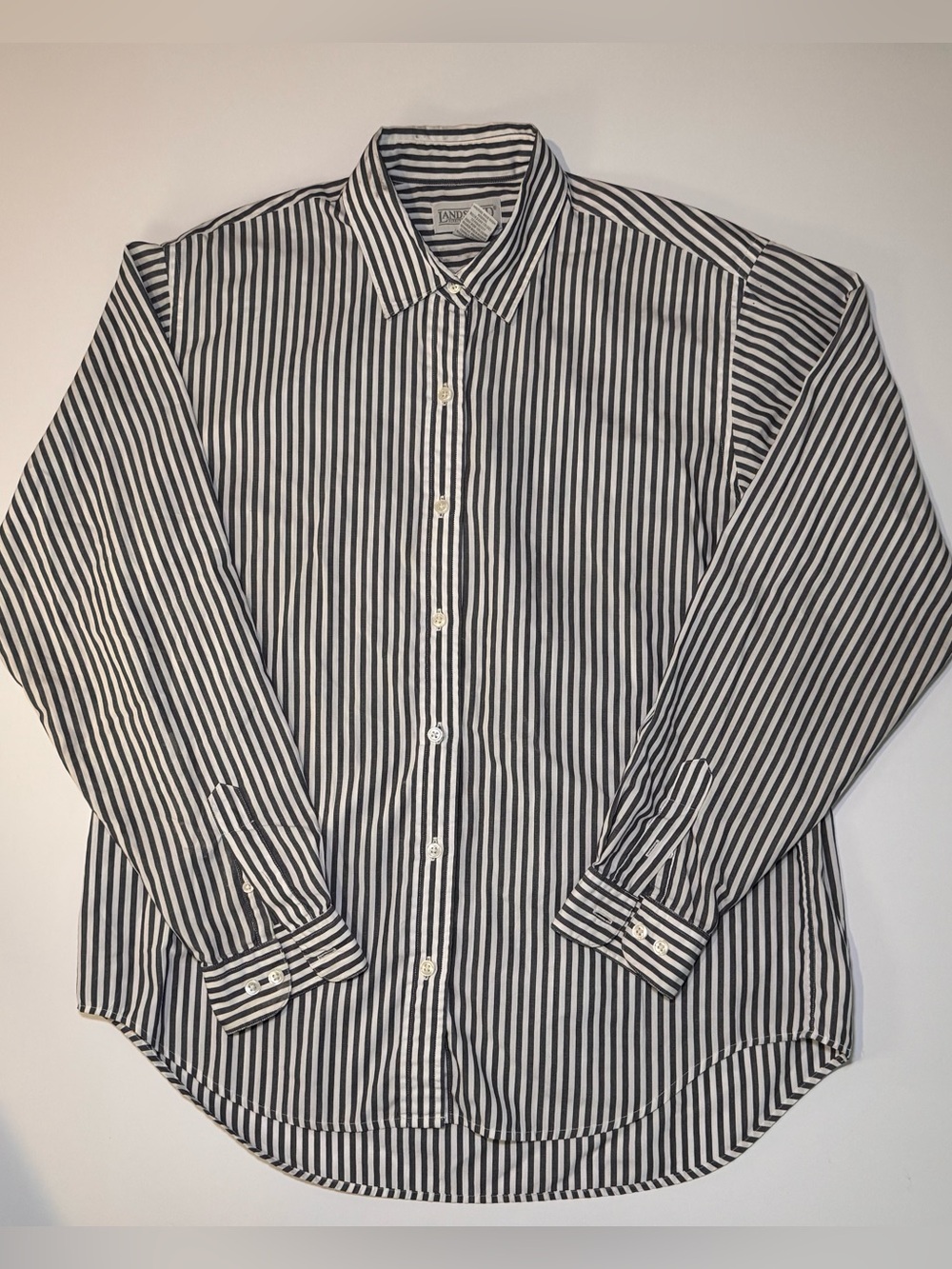 Lands' End Black and White Vertical Stripe Button-Down Shirt Classic
